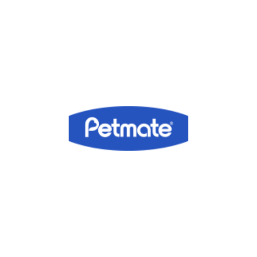 A blue petmate logo on top of a white background.