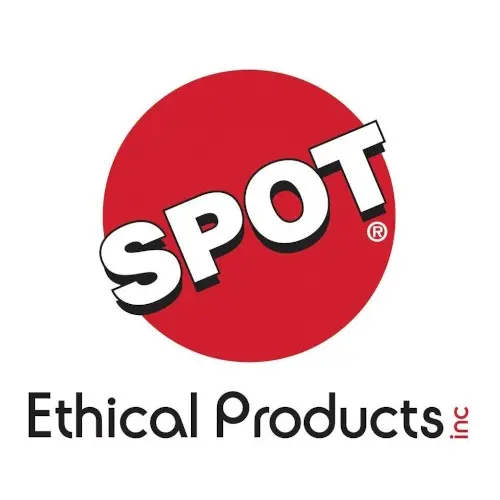 A red dot logo with the words " spot ethical products inc ".
